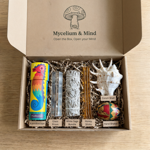 Mycelium Experience Kit full contents including kaleidoscope, glass prism, white sage bundle, honey stick, conch shell and hand shaker