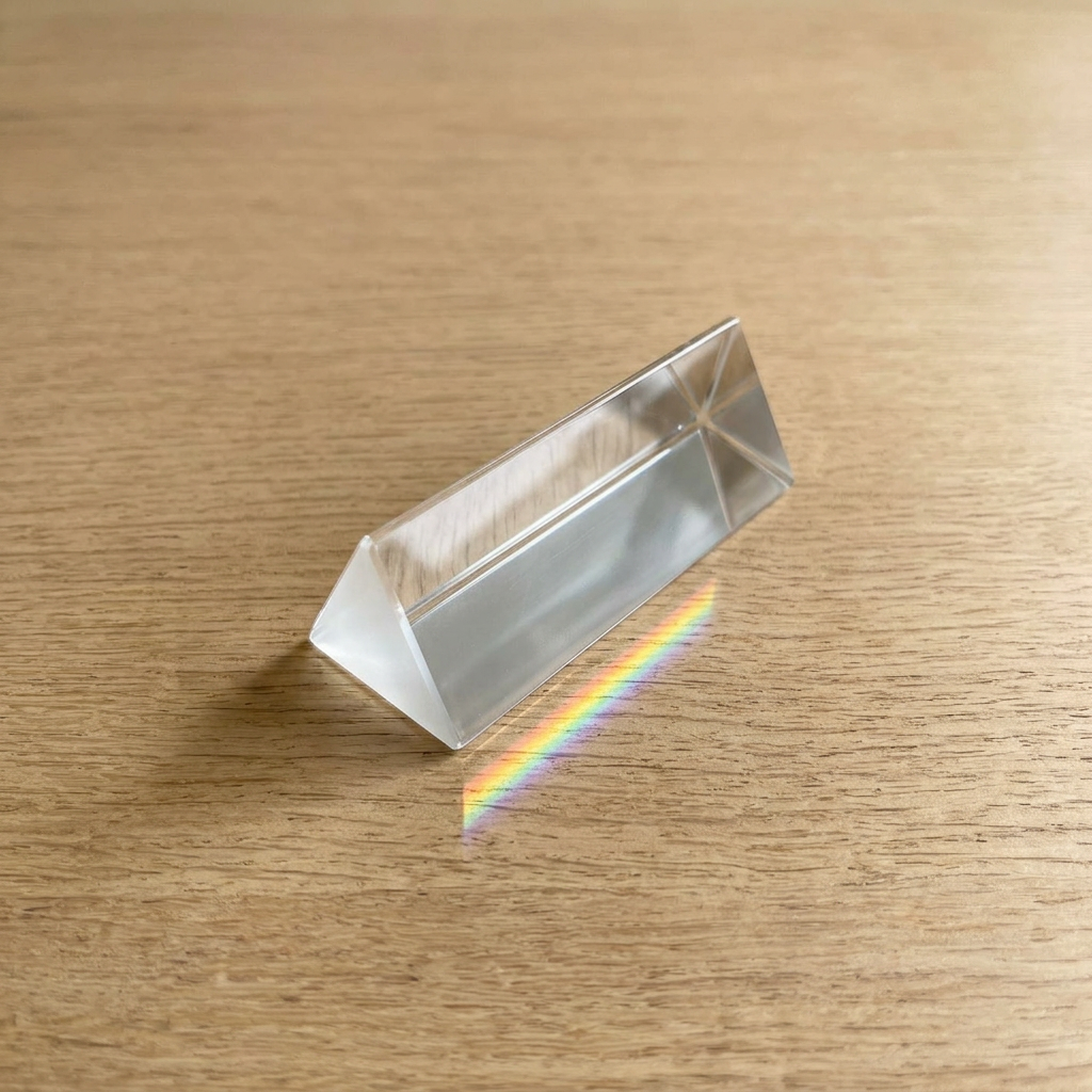 Optical glass prism that splits white light into a rainbow spectrum included in the Mycelium Experience Kit
